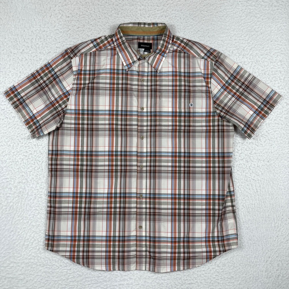 Marmot Button Up Shirt Mens XXL White Brown Orange Blue Plaid H52020 Outdoor
